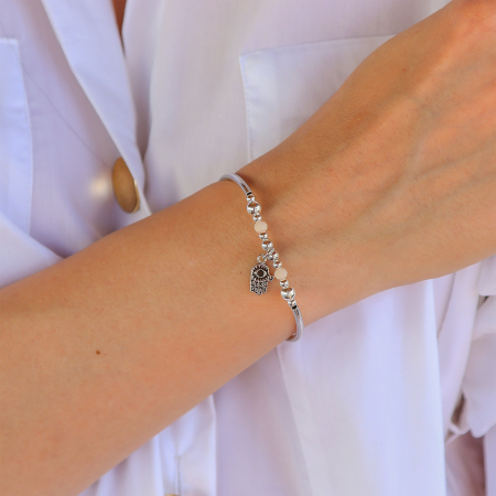 Bratara argint cu simbol Hamsa și margele din cuart rose [1]