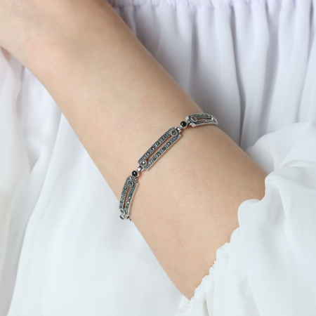 Brățară vintage elegantă din argint cu marcasite și agate negre [0]
