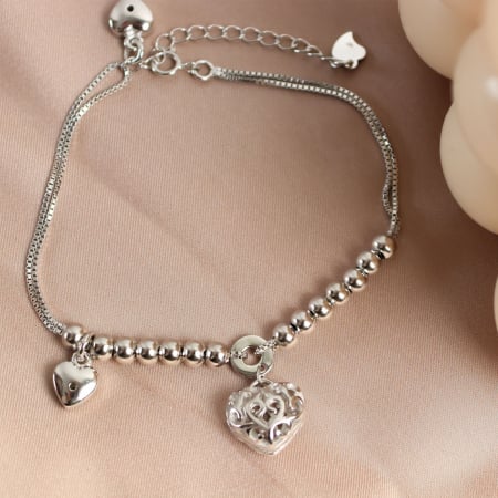 Brățară din argint rodiat cu talismane inimi și biluțe [2]