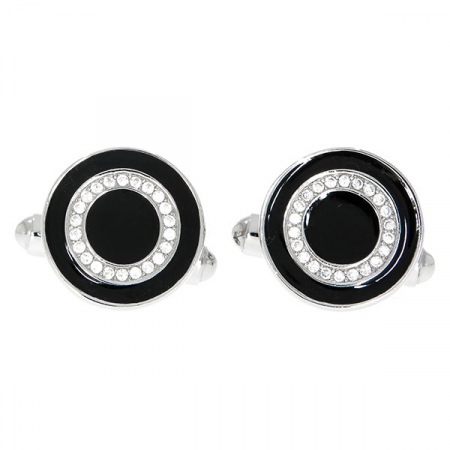 Butoni eleganți rotunzi din argint cu email negru și cristale [0]