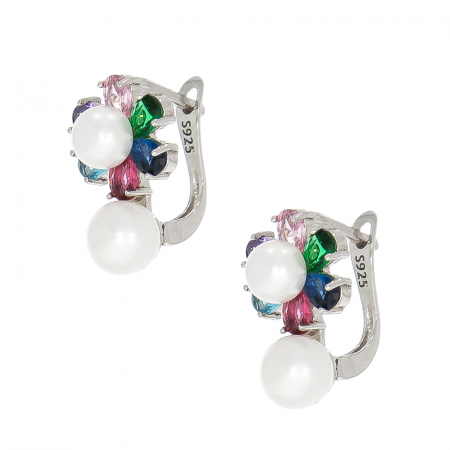 Cercei argint rodiat pe lob cu perle și zirconii colorate [0]