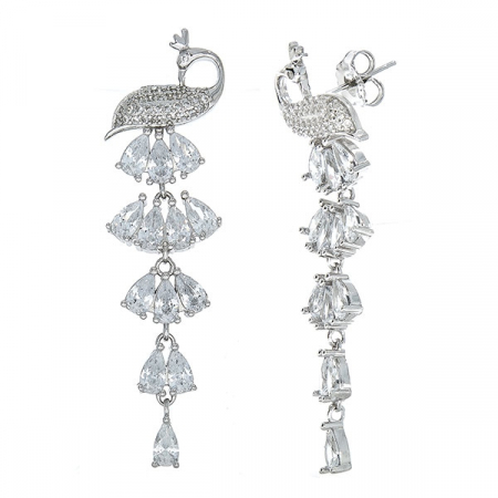 Cercei lungi argint rodiat cu păunițe și cristale strălucitoare [1]