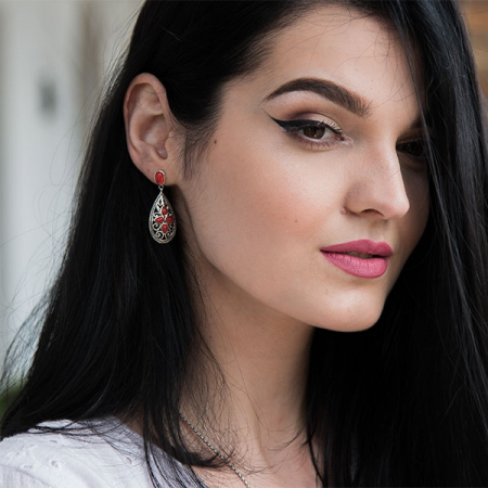 Cercei argint antichizat lungi lacrimă cu coral natural [1]