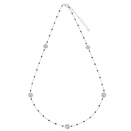 Lanț argint la baza gâtului cu mărgele mici negre și bănuți [1]