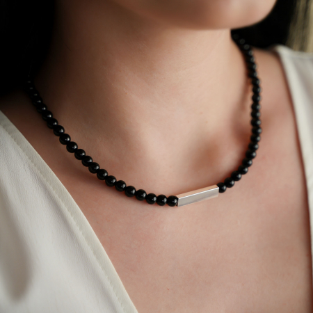 Bijuterii Argint - Lant argint unisex cu margele din onix si element din argint personalizabil