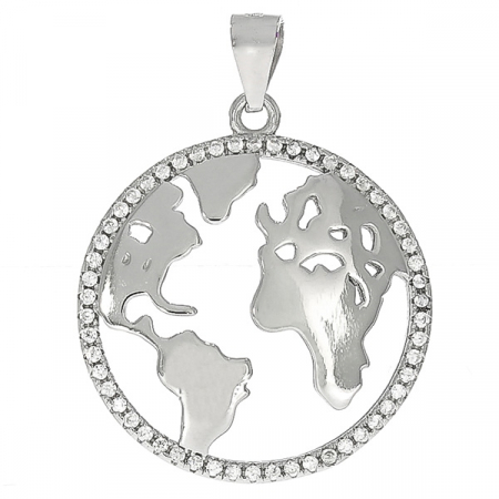 Pandantiv rotund din argint rodiat cu harta lumii și zirconii [0]
