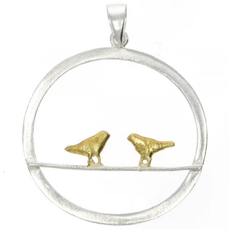 Pandantiv cerc din argint satinat argintiu cu păsărele aurii [0]