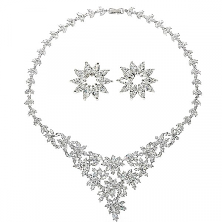 Set bijuterii pentru mireasă cu cercei și colier cu motive florale și cristale [4]