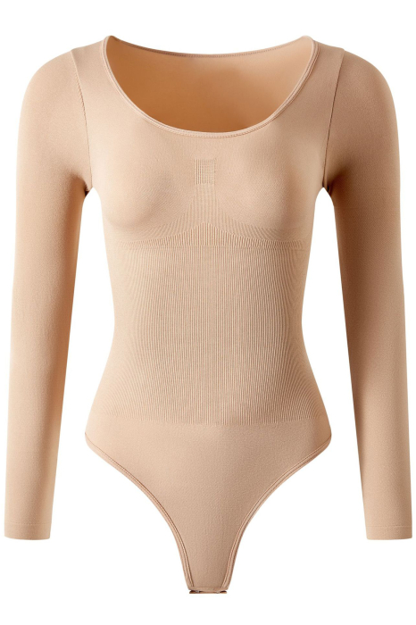 Body Modelator cu Efect de Compresie, cu Maneca Lunga si Chilot Tanga Bej [4]