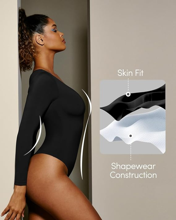 Body Modelator cu Efect de Compresie, cu Maneca Lunga si Chilot Tanga Negru [4]