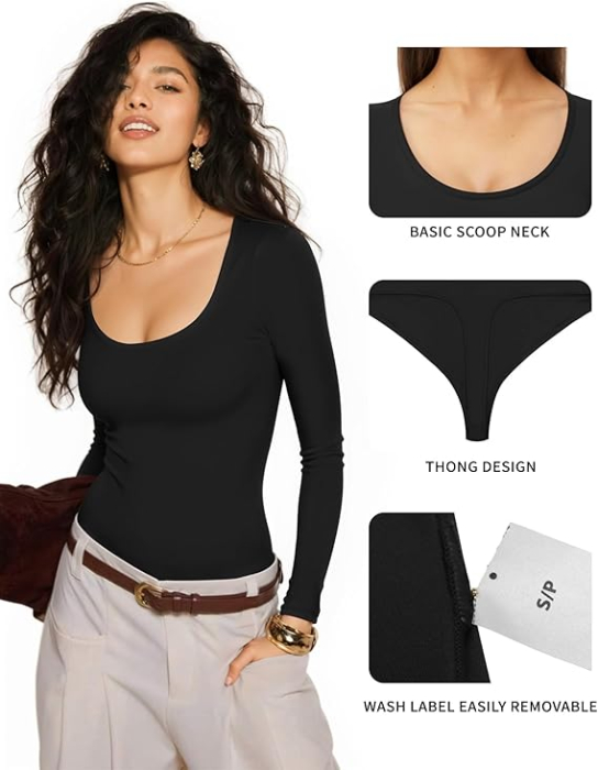 Body Modelator cu Efect de Compresie, cu Maneca Lunga si Chilot Tanga Negru [3]