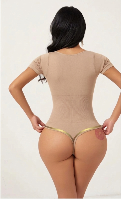 Body Modelator cu Efect de Compresie, cu Maneca Scurta si Chilot Tanga Bej [4]