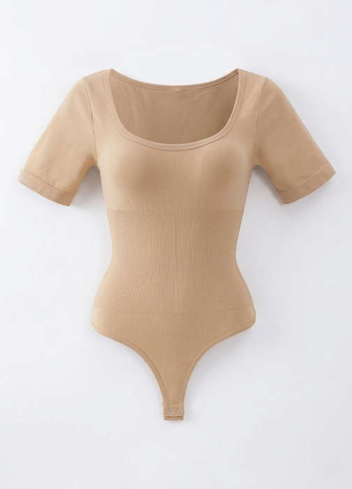 Body Modelator cu Efect de Compresie, cu Maneca Scurta si Chilot Tanga Bej [7]