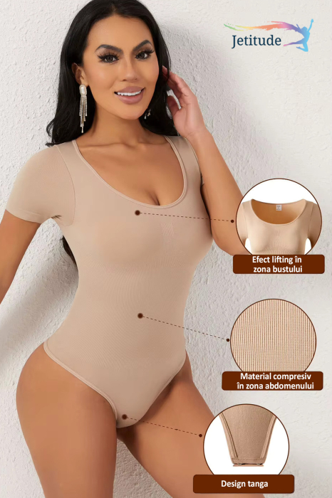 Body Modelator cu Efect de Compresie, cu Maneca Scurta si Chilot Tanga Bej [5]