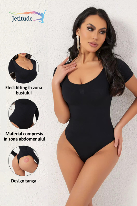 Body Modelator cu Efect de Compresie, cu Maneca Scurta si Chilot Tanga Negru [5]