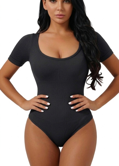 Body Modelator cu Efect de Compresie, cu Maneca Scurta si Chilot Tanga Negru [3]