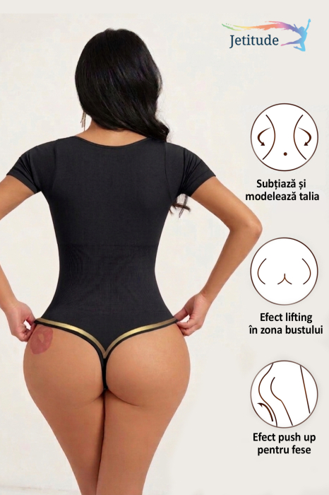 Body Modelator cu Efect de Compresie, cu Maneca Scurta si Chilot Tanga Negru [6]