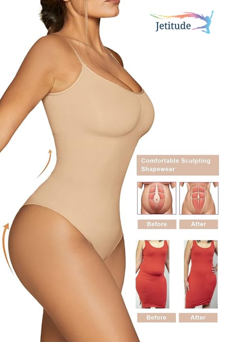 Body Modelator cu Efect de Compresie, din Material Respirabil si Elastic, Bretele Ajustabile, Tanga Bej [4]