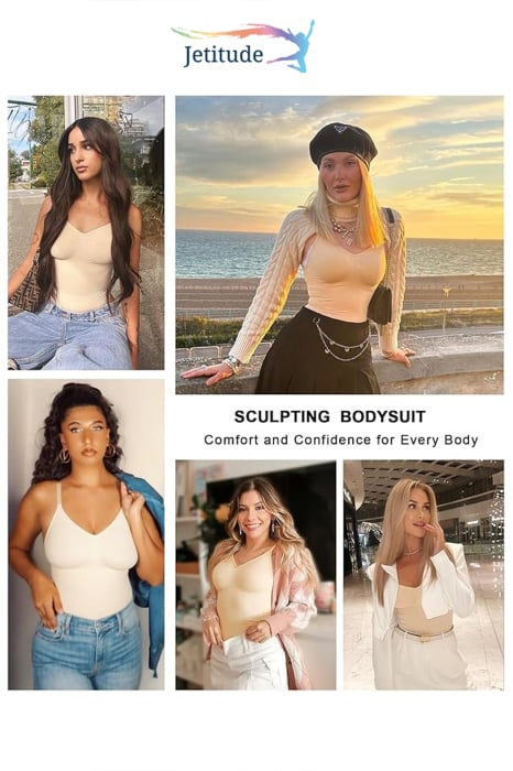 Body Modelator cu Efect de Compresie, din Material Respirabil si Elastic, Bretele Ajustabile, Tanga Bej [5]