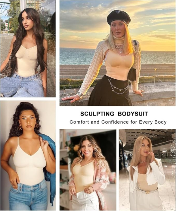 Body Modelator cu Efect de Compresie, din Material Respirabil si Elastic, Bretele Ajustabile, Tanga Bej [5]