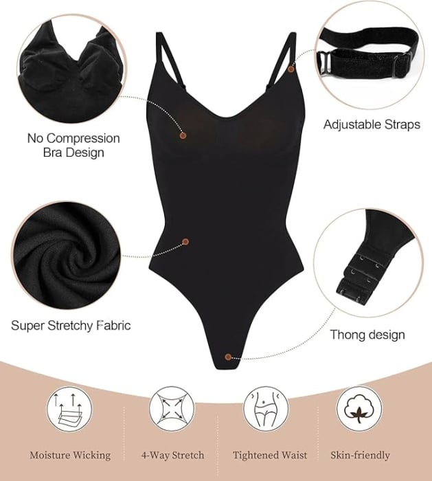 Body Modelator cu Efect de Compresie, din Material Respirabil si Elastic, Bretele Ajustabile, Tanga Negru [3]