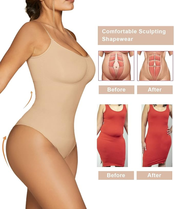 Body Modelator cu Efect de Compresie, din Material Respirabil si Elastic, Bretele Ajustabile, Tanga Bej [4]