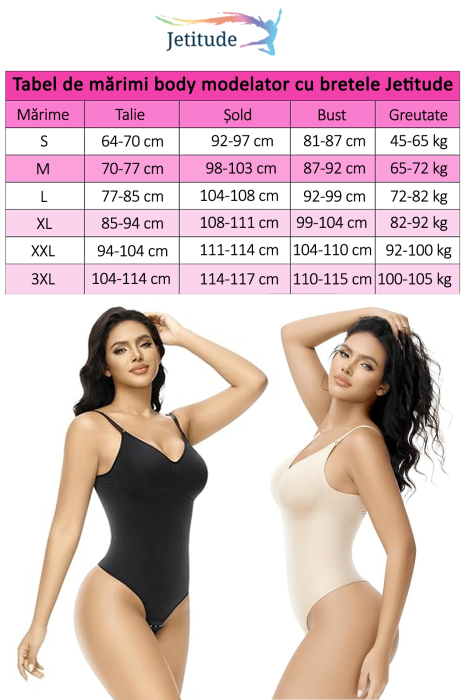 Body Modelator cu Efect de Compresie, din Material Respirabil si Elastic, Bretele Ajustabile, Tanga Negru [6]