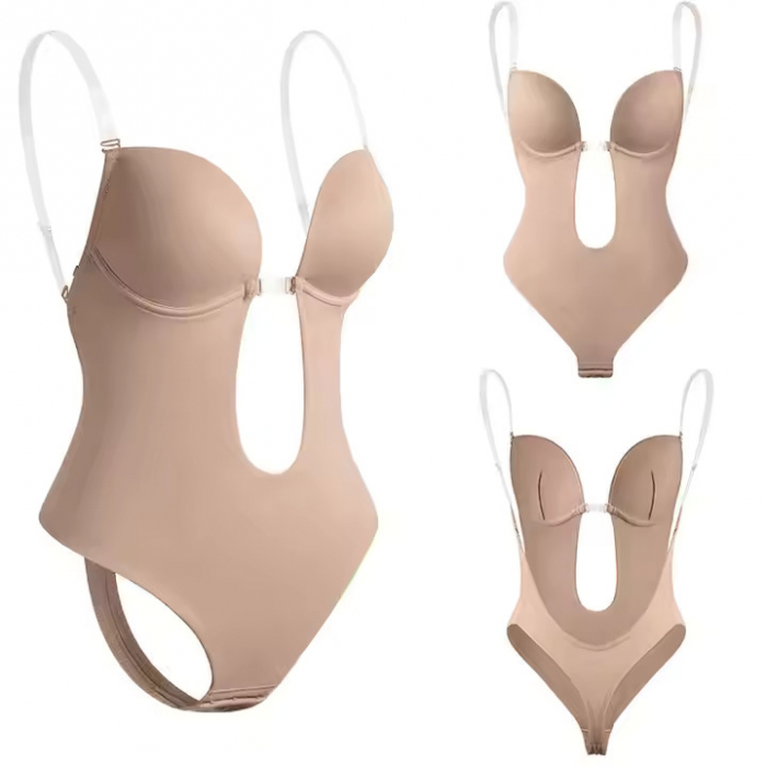 Body Modelator tanga cu  bretele transparente-Bej [9]