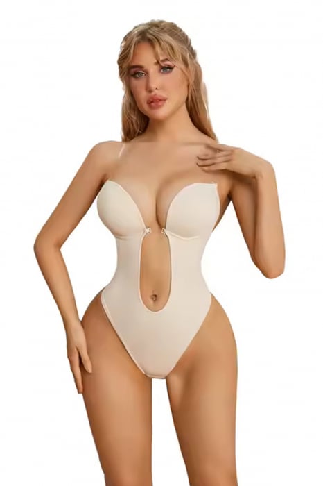 Body Modelator tanga cu  bretele transparente-Bej