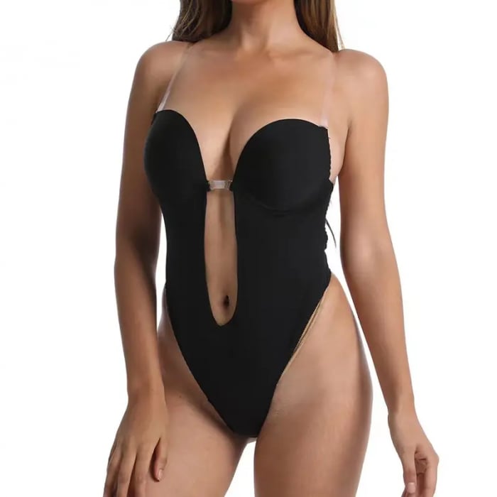 Body Modelator tanga cu  bretele transparente-Negru