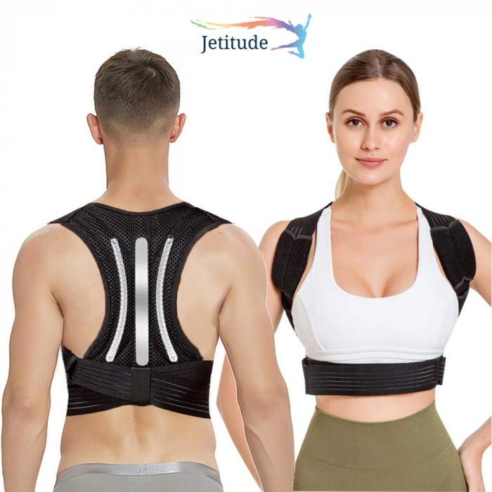 Corector de Postura Jetitude, Suport Ortopedic pentru Corectare si Indreptare Coloana si Spate, cu bretele confortabile Ham pentru Umeri si Calvicula, Unisex, Negru, Mărime [6]