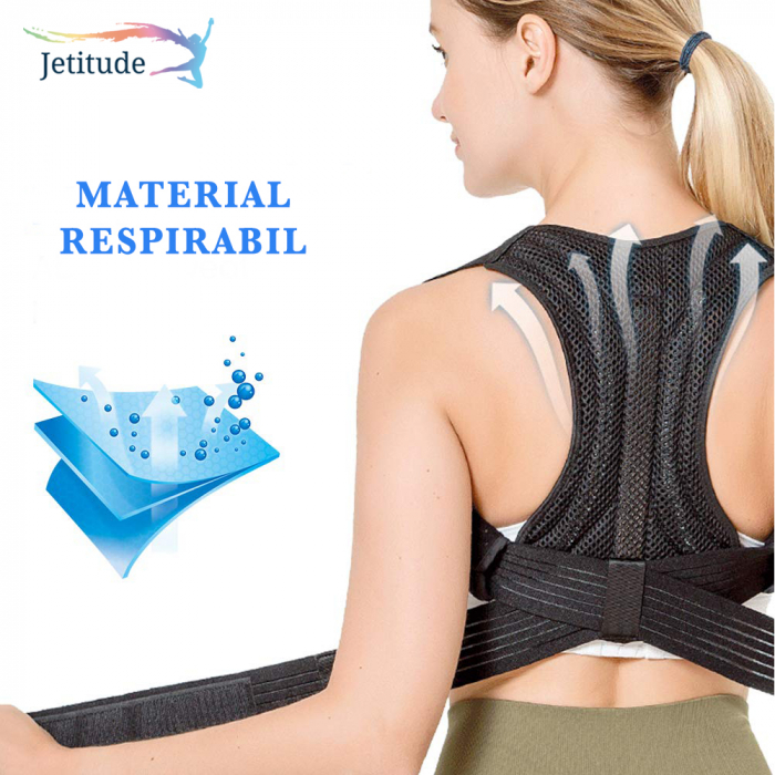 Corector de Postura Jetitude, Suport Ortopedic pentru Corectare si Indreptare Coloana si Spate, cu bretele confortabile Ham pentru Umeri si Calvicula, Unisex, Negru, Mărime [4]