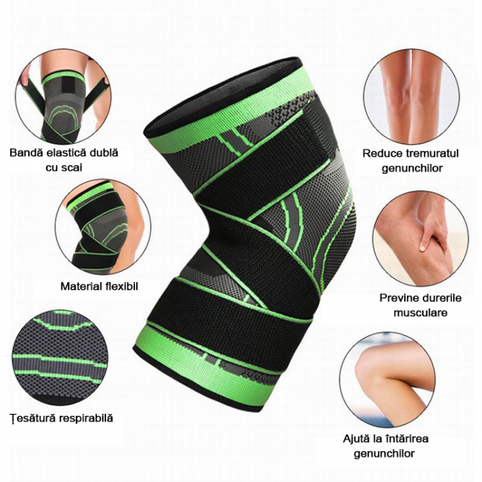Genunchiera elastica ajustabila cu bretele elastice Verde cu Negru [2]
