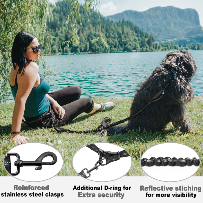 Lesa hands free cu amortizor Chunky Paw™ pentru caini de talie mare pentru alergare, jogging, plimbari, drumetii Negru cu Gri [3]