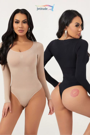 Body Modelator cu Efect de Compresie, cu Maneca Lunga si Chilot Tanga Bej [4]