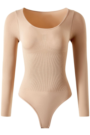 Body Modelator cu Efect de Compresie, cu Maneca Lunga si Chilot Tanga Bej [3]