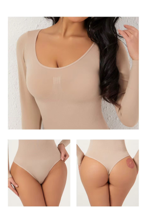 Body Modelator cu Efect de Compresie, cu Maneca Lunga si Chilot Tanga Bej [2]