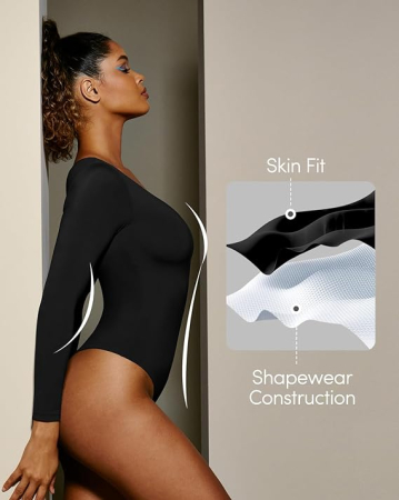 Body Modelator cu Efect de Compresie, cu Maneca Lunga si Chilot Tanga Negru [3]