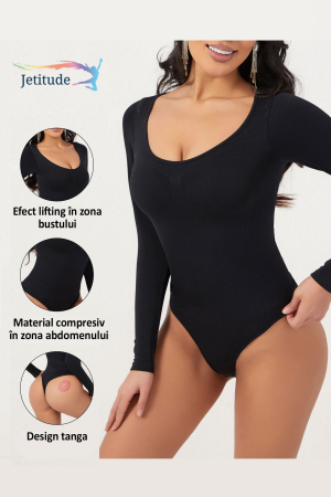 Body Modelator cu Efect de Compresie, cu Maneca Lunga si Chilot Tanga Negru [2]