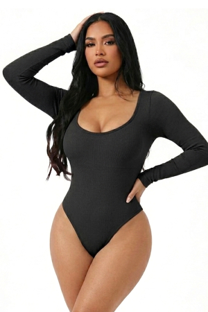 Body-uri Modelatoare - Body Modelator cu Efect de Compresie, cu Maneca Lunga si Chilot Tanga Negru