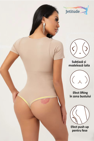 Body Modelator cu Efect de Compresie, cu Maneca Scurta si Chilot Tanga Bej [5]