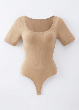 Body Modelator cu Efect de Compresie, cu Maneca Scurta si Chilot Tanga Bej [6]