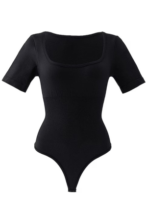 Body Modelator cu Efect de Compresie, cu Maneca Scurta si Chilot Tanga Negru [6]