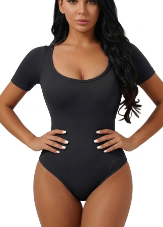 Body Modelator cu Efect de Compresie, cu Maneca Scurta si Chilot Tanga Negru [2]