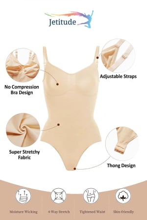 Body Modelator cu Efect de Compresie, din Material Respirabil si Elastic, Bretele Ajustabile, Tanga Bej [2]