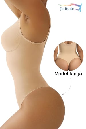 Body Modelator cu Efect de Compresie, din Material Respirabil si Elastic, Bretele Ajustabile, Tanga Bej [1]
