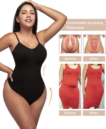 Body Modelator cu Efect de Compresie, din Material Respirabil si Elastic, Bretele Ajustabile, Tanga Negru [3]