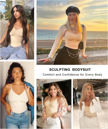 Body Modelator cu Efect de Compresie, din Material Respirabil si Elastic, Bretele Ajustabile, Tanga Bej [4]