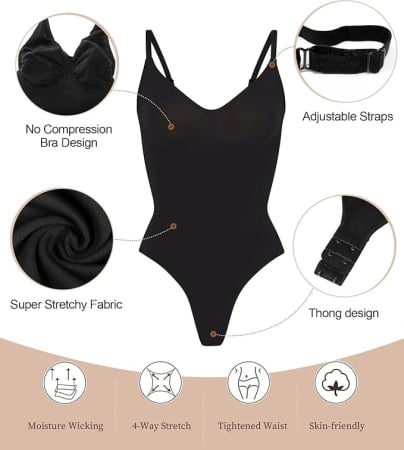 Body Modelator cu Efect de Compresie, din Material Respirabil si Elastic, Bretele Ajustabile, Tanga Negru [2]