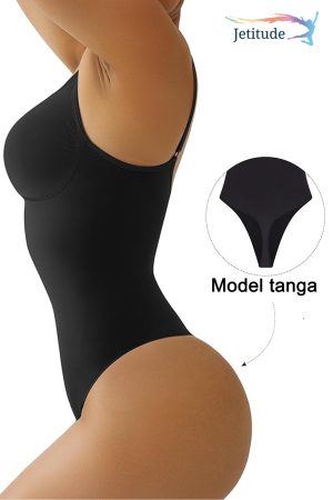 Body Modelator cu Efect de Compresie, din Material Respirabil si Elastic, Bretele Ajustabile, Tanga Negru [1]